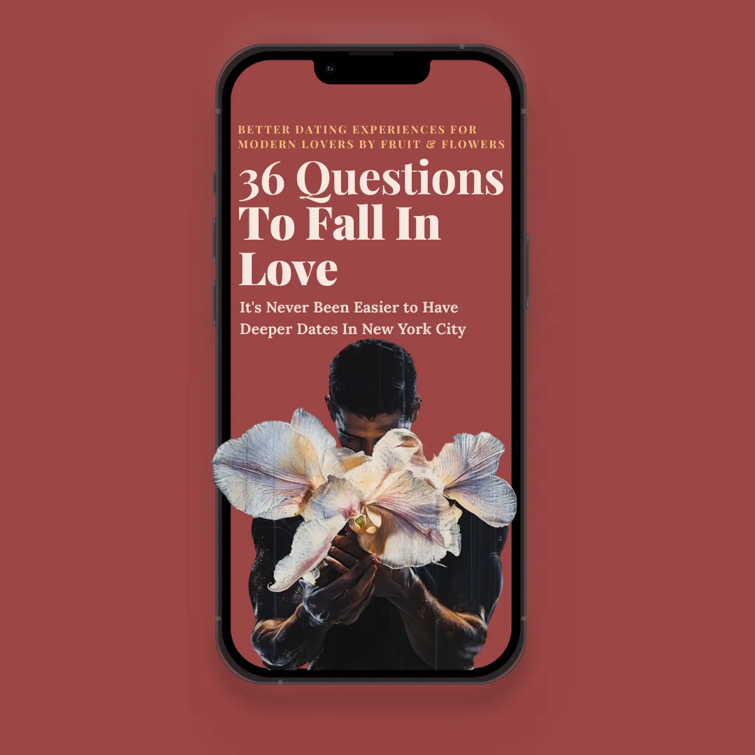 36 Questions To Fall in Love mobile game interface showing romantic conversation starters for NYC couples on smartphone screen