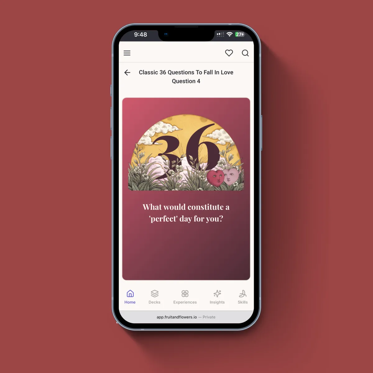 36 Questions To Fall in Love mobile game interface showing romantic conversation starters for NYC couples on smartphone screen