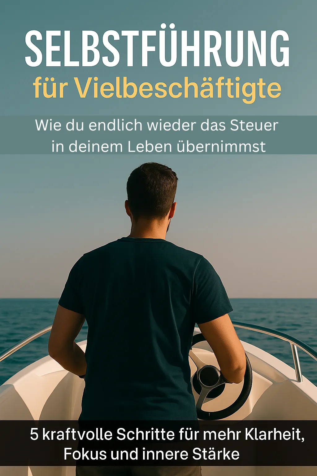 "Mnn steuert Motorboot auf offenem Meer -Symbol für Selbstführung und Klarheit"