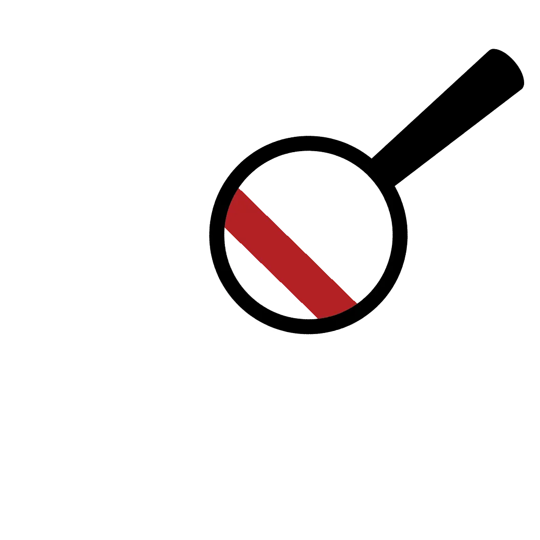 A black, red and white cartoon image of a giant magnifying glass inspecting the roof of a house. It's intended to be a humorous description of the inspection process.