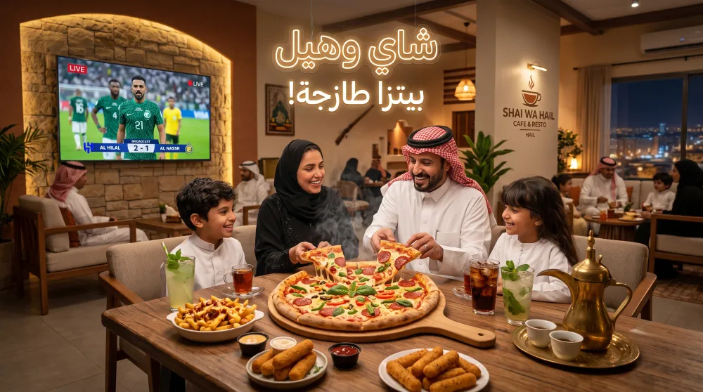 بيتزا طازجة في كافيه شاي وهيل أفضل بيتزا مع أجواء مشاهدة المباريات