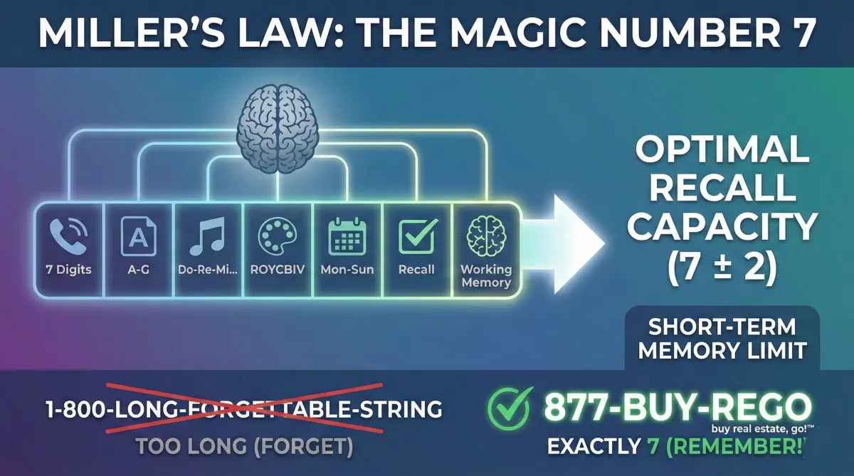 Miller’s Law infographic showing the human memory limit of 7 items and why 877-BUY-REGO is the optimal length for real estate lead capture.