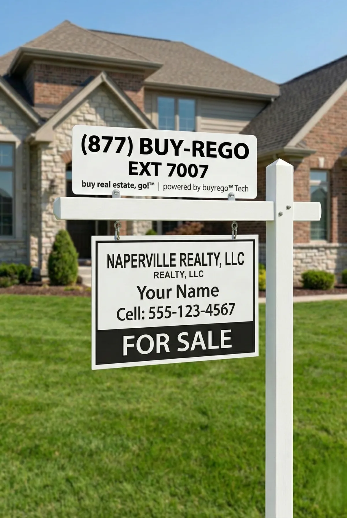 877-BUY-REGO custom real estate sign rider attached to a yard sign in front of a brick house.
