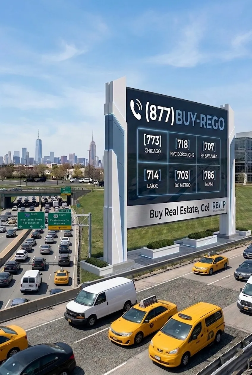 New York City cityscape with a large real estate billboard advertisement.