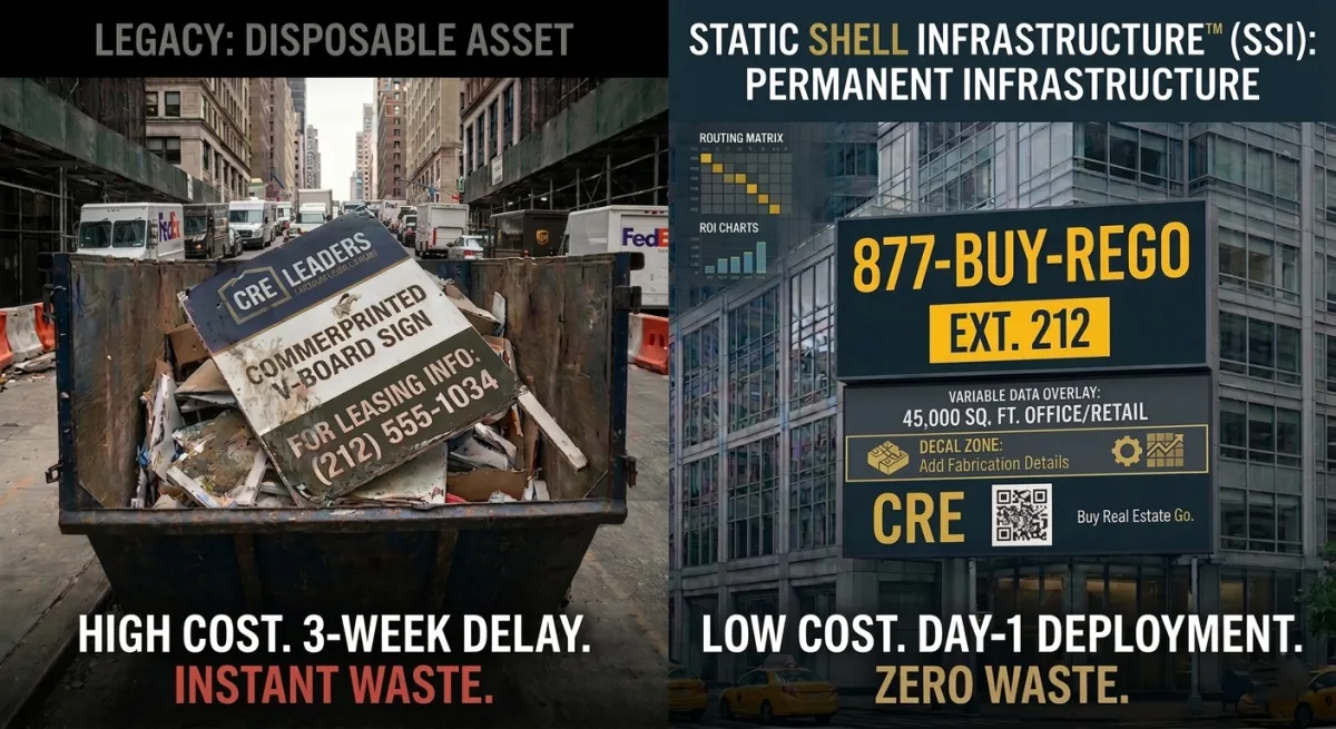 Comparison of wasteful legacy CRE signage in a dumpster versus permanent Static Shell Infrastructure.