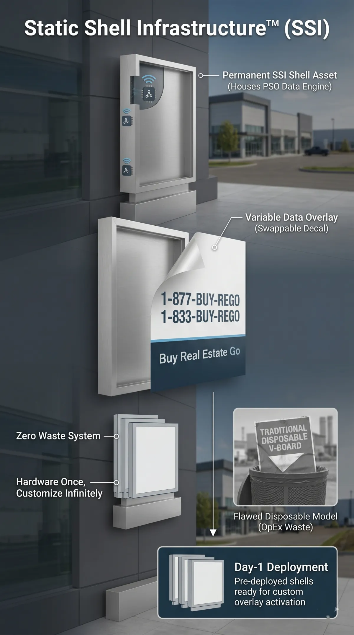 An infographic titled "Static Shell Infrastructure™ (SSI)" illustrating a modern, permanent sign system for real estate. A technical exploded view shows a durable building-mounted sign shell with integrated electronics (PSO Data Engine) and a flexible, swappable decal overlay. The overlay displays the text: "1-877-BUY-REGO", "1-833-BUY-REGO", and "Buy Real Estate Go". Callout labels detail a "Zero Waste System," "Hardware Once, Customize Infinitely," and "Day-1 Deployment" of pre-deployed shells. It is contrasted with an inset panel labeled "Traditional Disposable V-Board" featuring a crumpled sign in a waste bin and the caption "Flawed Disposable Model (OpEx Waste)". The background features a modern real estate development.