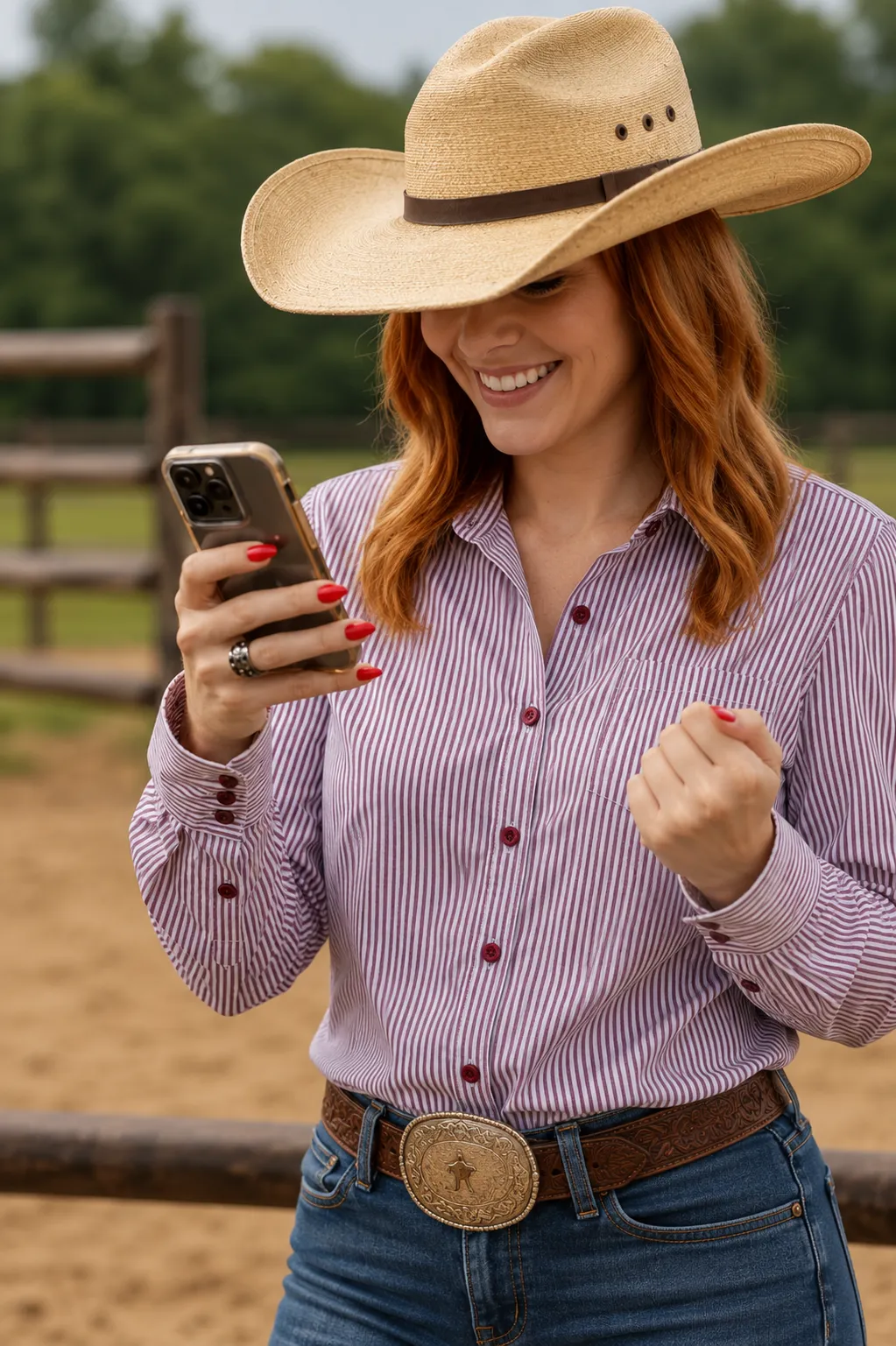 A woman using her phone to search for local horse shows and barrel races on The Showbill
