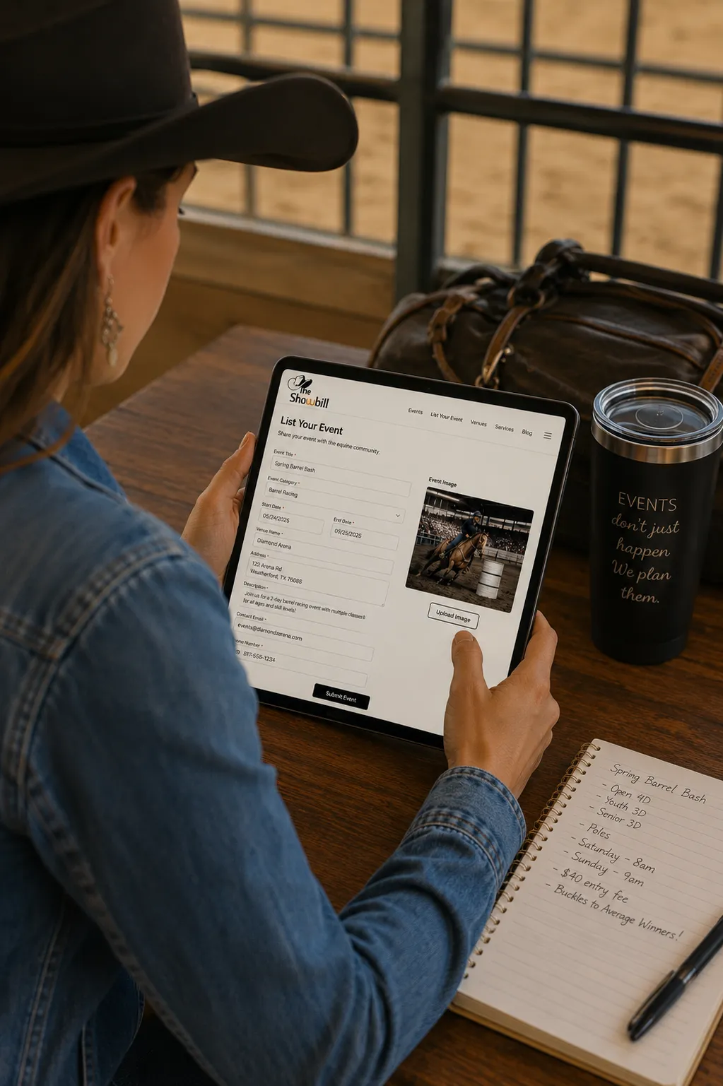 An event organizer using a laptop to list and manage a horse show on The Showbill directory