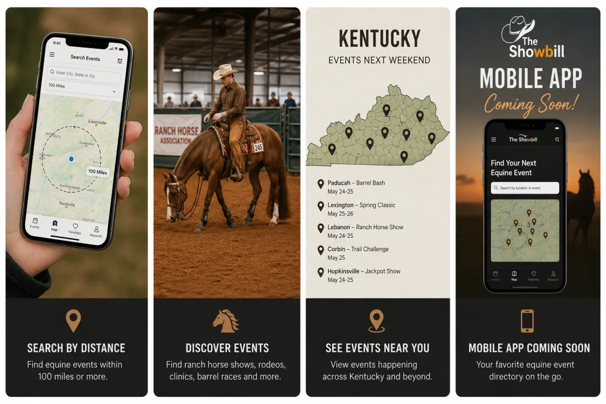 Four cards showcasing The Showbill features including searching by distance, discovering horse shows, viewing a Kentucky event map, and the upcoming mobile app.