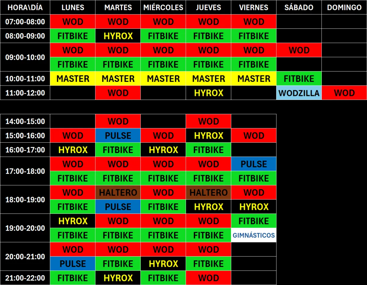 tabla con horario de clases del centro