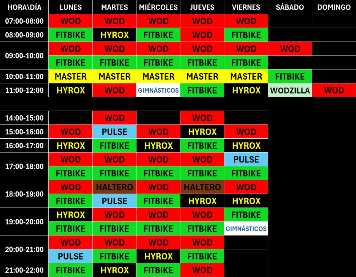 tabla con horario de clases del centro