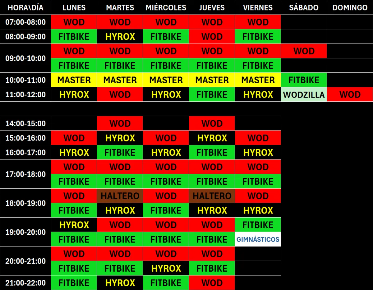 tabla con horario de clases del centro
