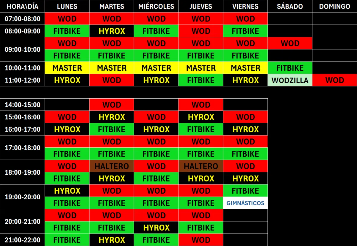 tabla con horario de clases del centro