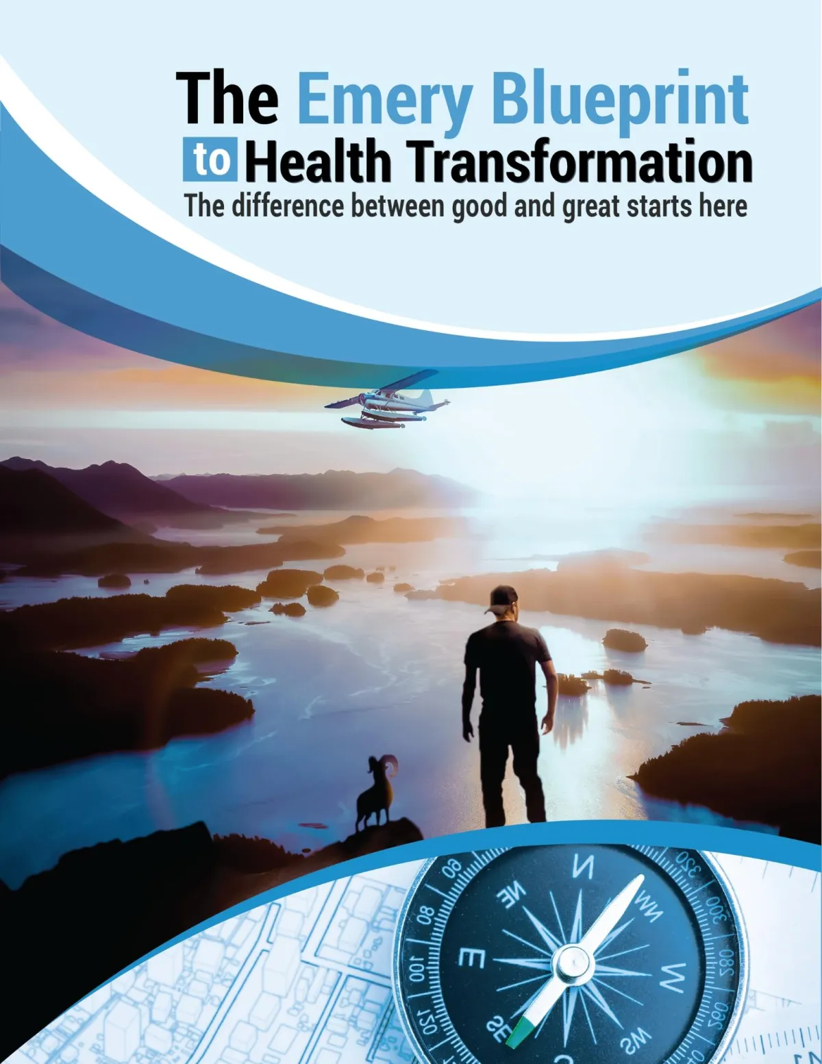 The Emery Blueprint to Health Transformation Guide - Comprehensive Habit-Based Coaching Program for Personal Growth and Health Optimization, Featuring Scenic Mountain View and Compass Symbolizing Direction and Transformation.