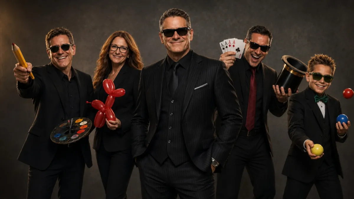 Group portrait of professional entertainers from The Balloon Brigade featuring balloon twisting, magic, juggling, face painting, and family entertainment performers dressed in black suits against a dark studio background.
