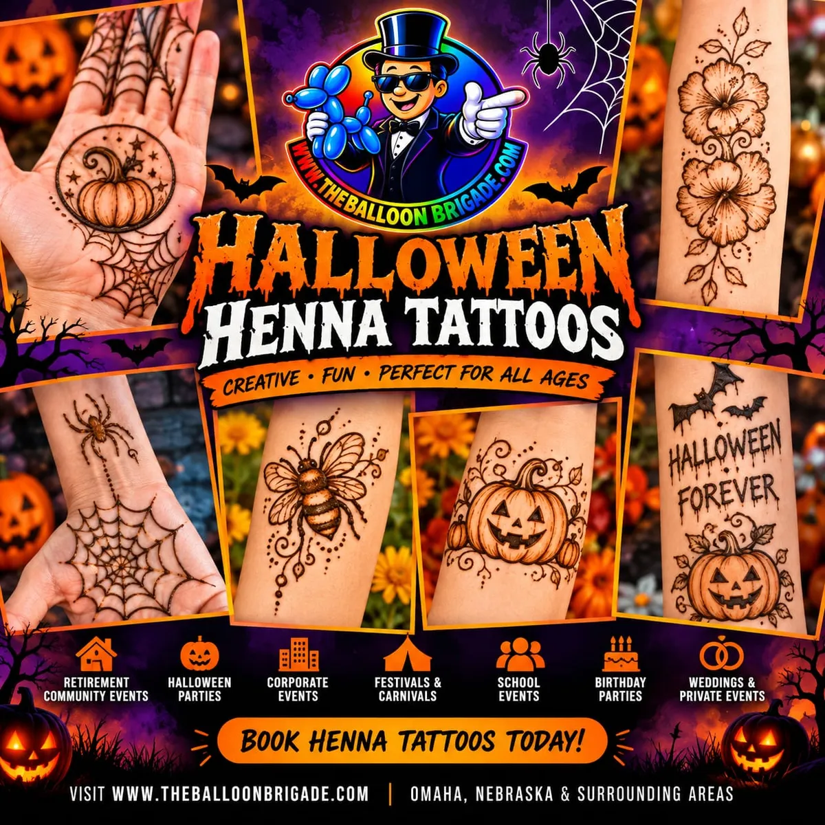 Henna tattoo artist creating a Halloween-themed spider web design on a resident's hand at Rising View retirement community in Omaha.