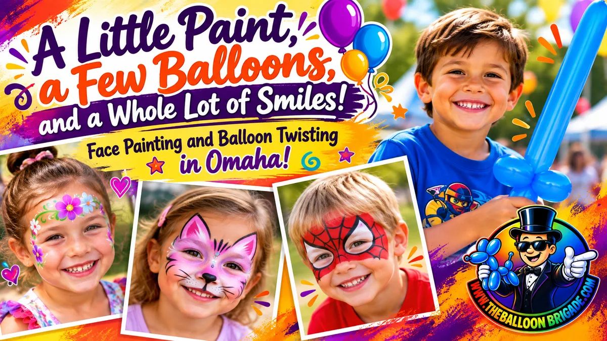 Balloon artist twisting a colorful balloon creation next to a face painter finishing a child's face paint design at an Omaha event.