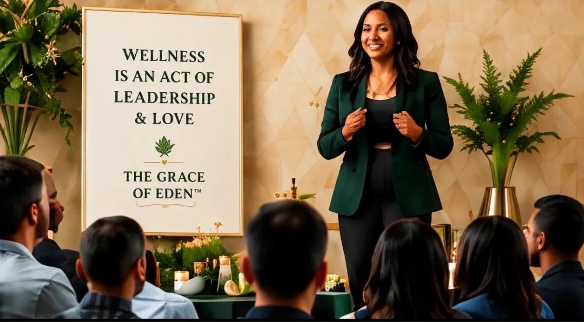 Woman presenting to a group about leadership and wellness