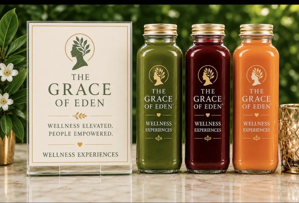 Juice bottles display with sign Wellness is an act of leadership and love