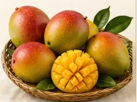 Whole and sliced mangoes