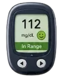 Blood glucose meter showing 112 mg/dL