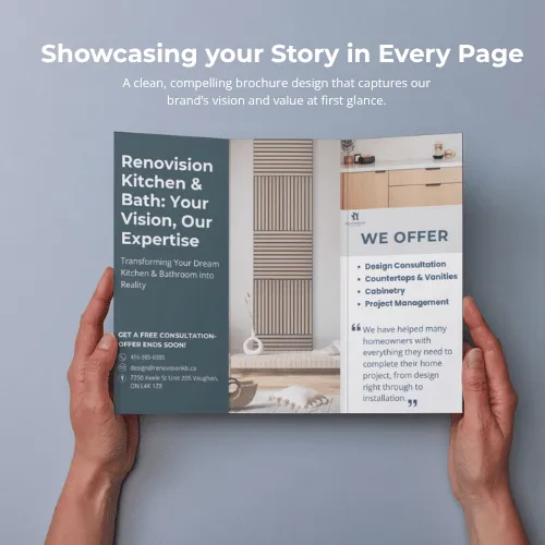 Professional tri-fold brochure highlighting brand visuals, layout design, and marketing content presentation.