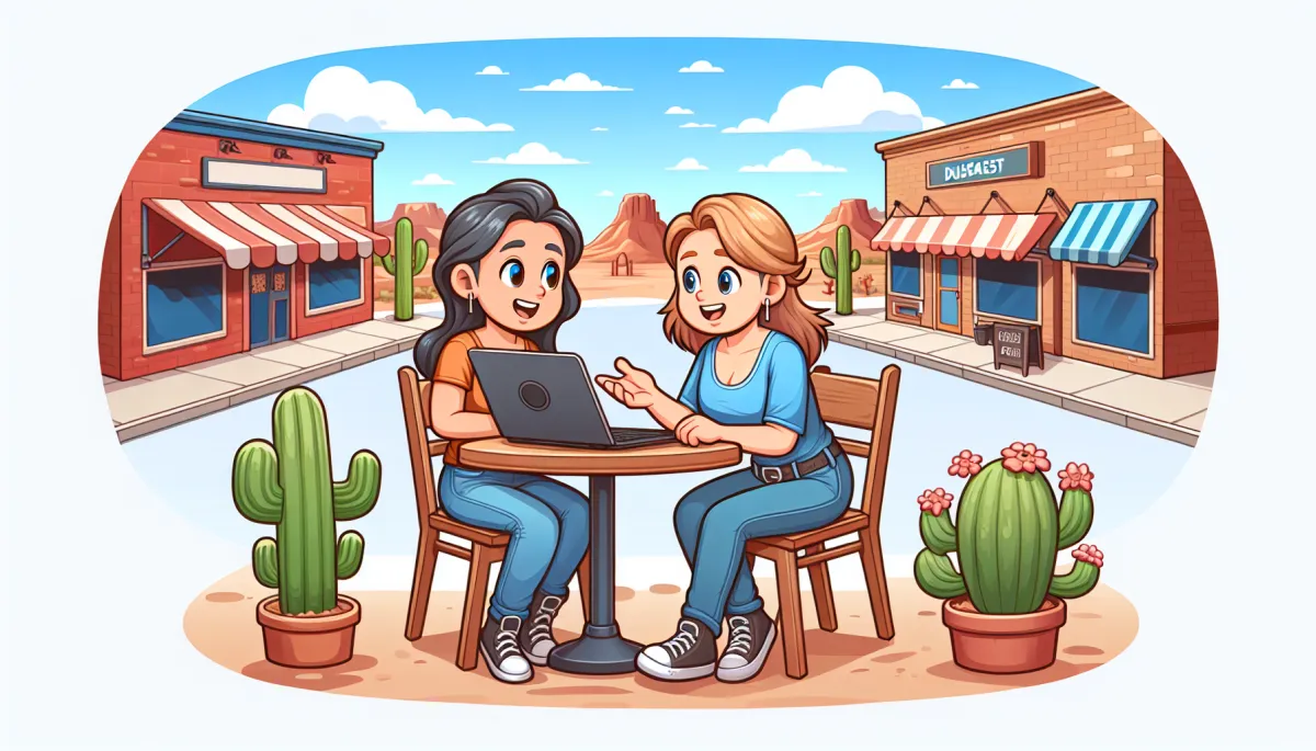 Two young women talking about visibility with laptop open.