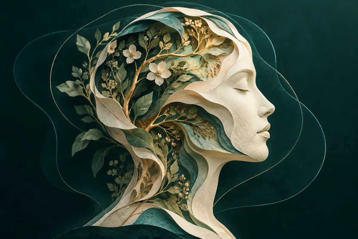 Sculpted human profile in ivory and teal, with leaves and gold branches visible within its layered form.