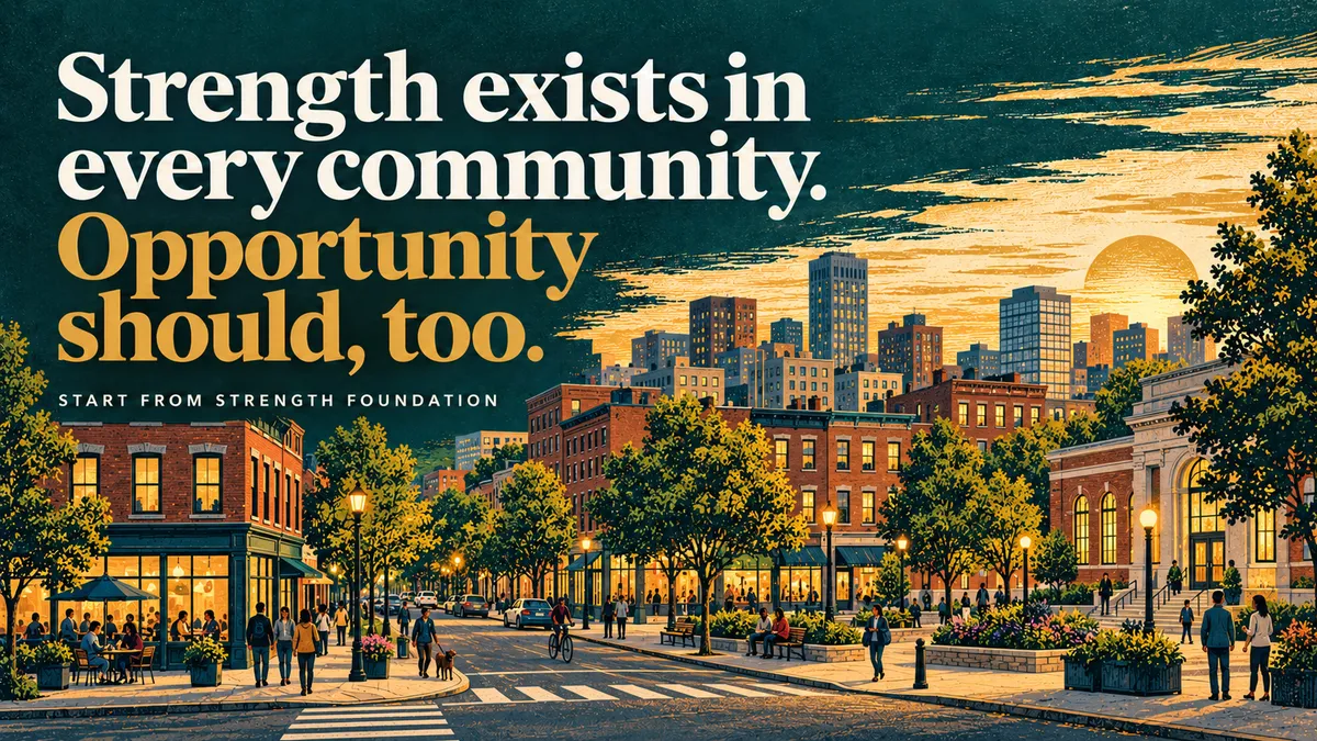Illustration of a city neighborhood, created for the Start From Strength Foundation launch.