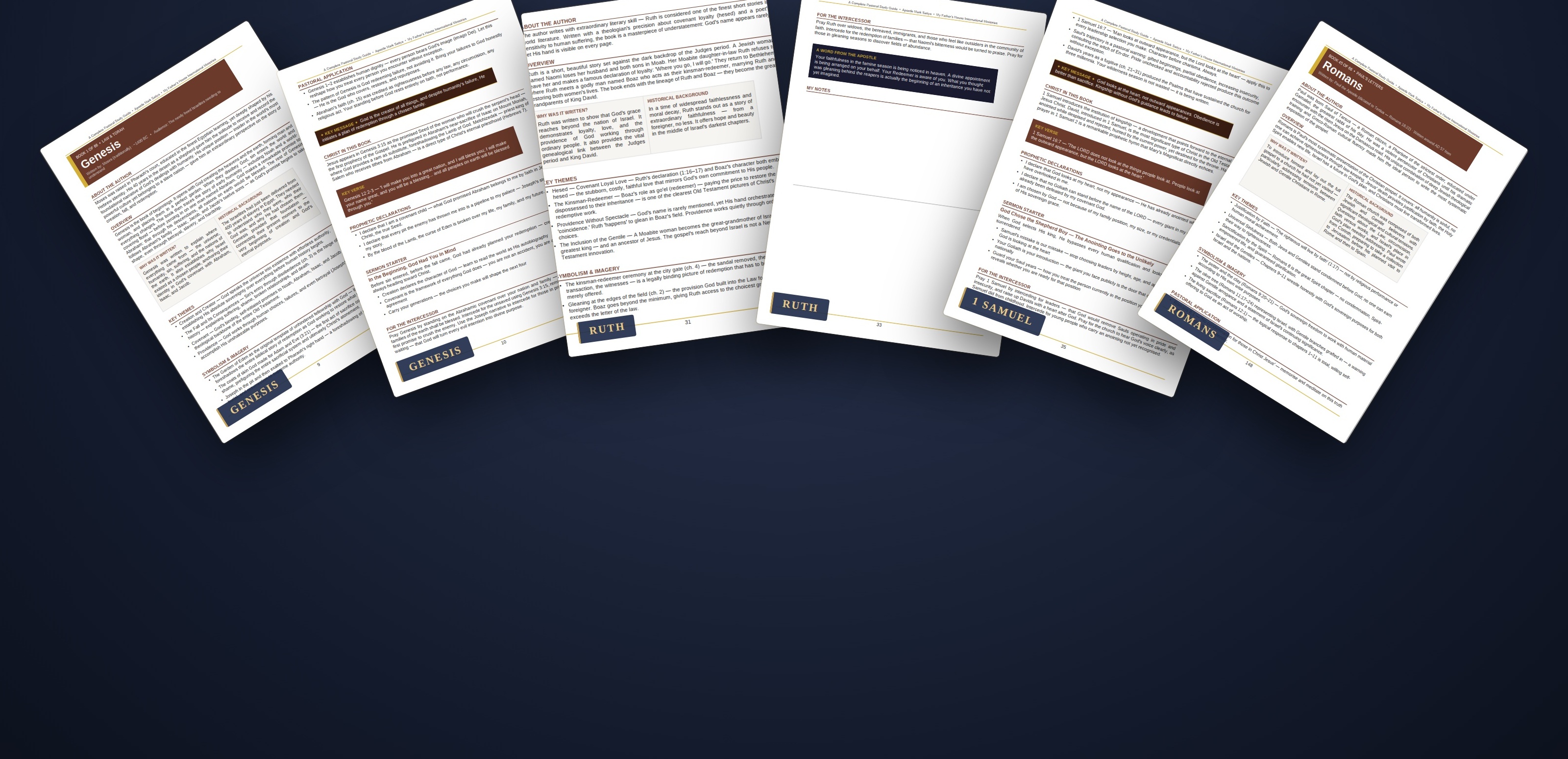 A massive cinematic image showing the printed Genesis guide in a real study environment, with navy and gold details.