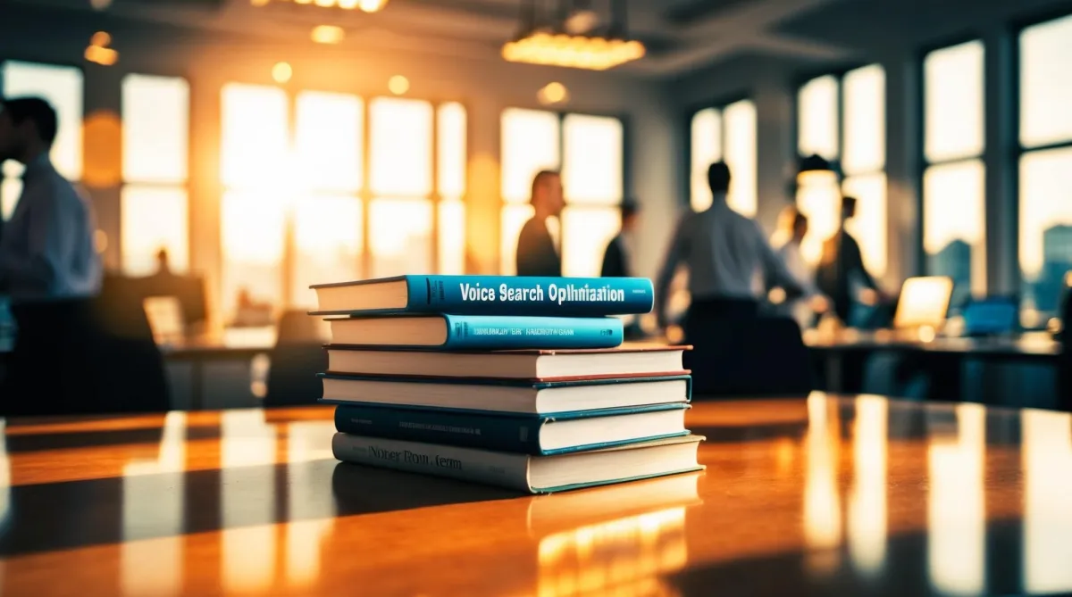 pile of assorted tech books with Voice Search Optimization on top