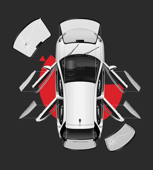 Diagram of a car showing all glass panels — windscreen, side windows and rear glass — where chips and cracks can occur