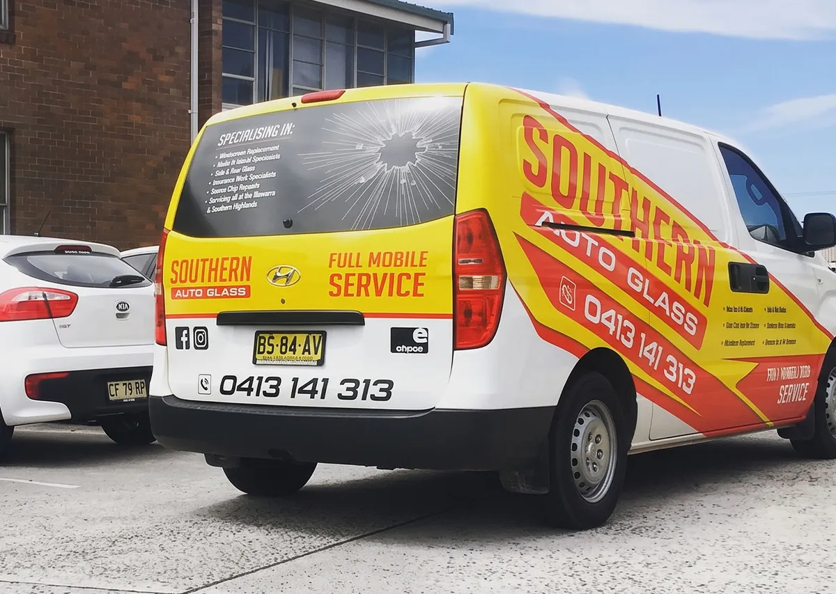Southern Auto Glass full mobile service van showing the phone number — contact us for auto glass repairs across Wollongong