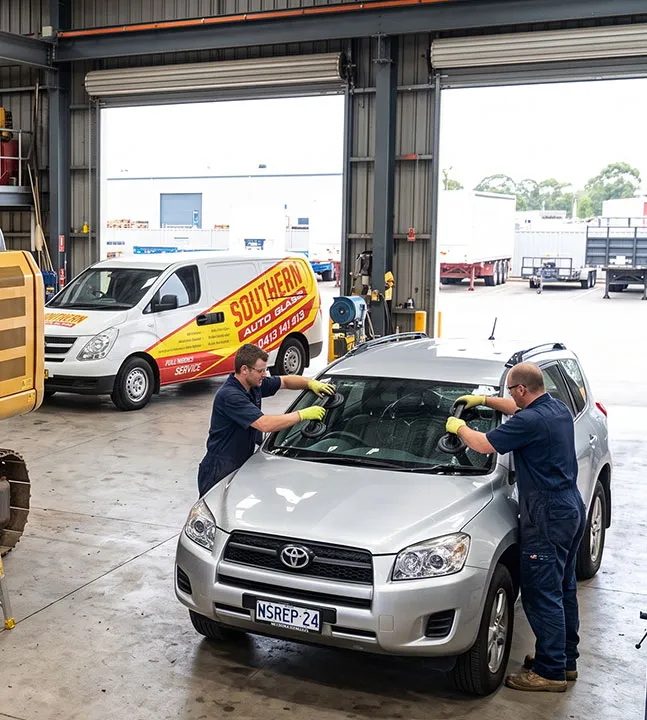 Two Southern Auto Glass technicians fitting a new windscreen to a Toyota RAV4 in the workshop, with the service van behind