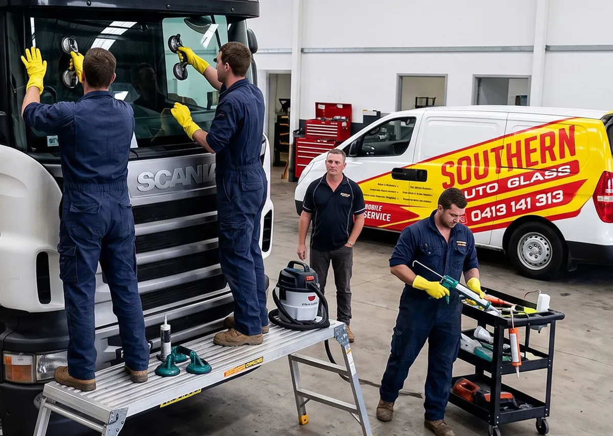 Southern Auto Glass team fitting a windscreen to a Scania truck with suction cups in the workshop, with the service van behind