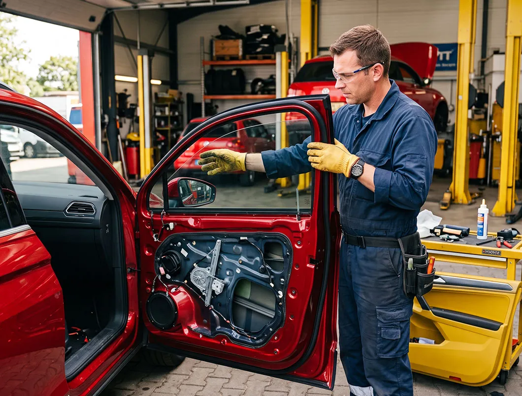 Southern Auto Glass technician removing a side window from a red car door with the trim off in the workshop