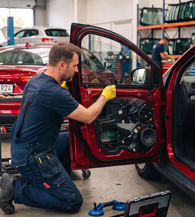Auto glass technician in a blue uniform replacing the driver-side window of a red car in a repair shop.