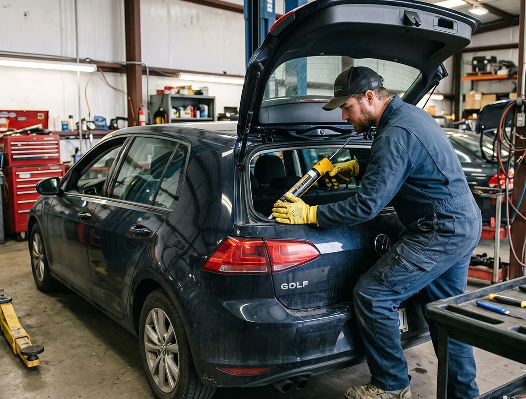 Auto glass technician applying urethane sealant to the rear window frame of a dark blue Volkswagen Golf hatchback.