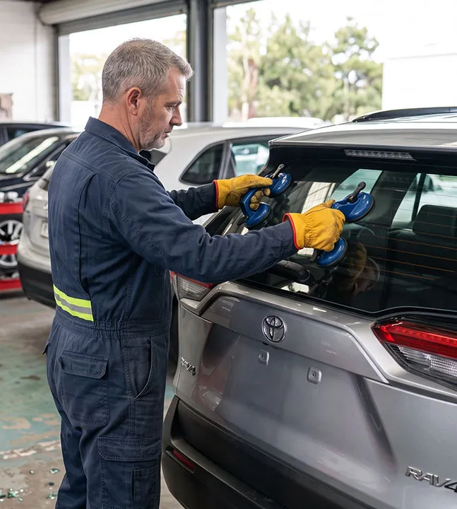 Mechanic in a blue uniform replacing the liftgate glass of a silver SUV inside an auto body repair shop.