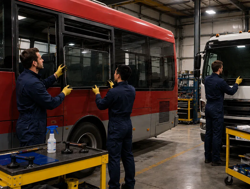 Two auto glass technicians in blue coveralls replacing a large side window on a red transit bus inside a commercial repair garage.