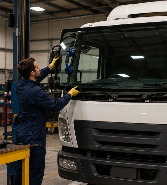 Auto glass technician wearing yellow gloves using a suction cup tool to carefully install a new windshield on a white commercial cab-over truck inside a repair garage.