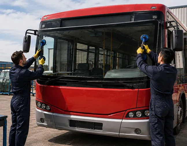 Two auto glass technicians in blue coveralls using suction cups to install a large front windshield on a red transit bus.