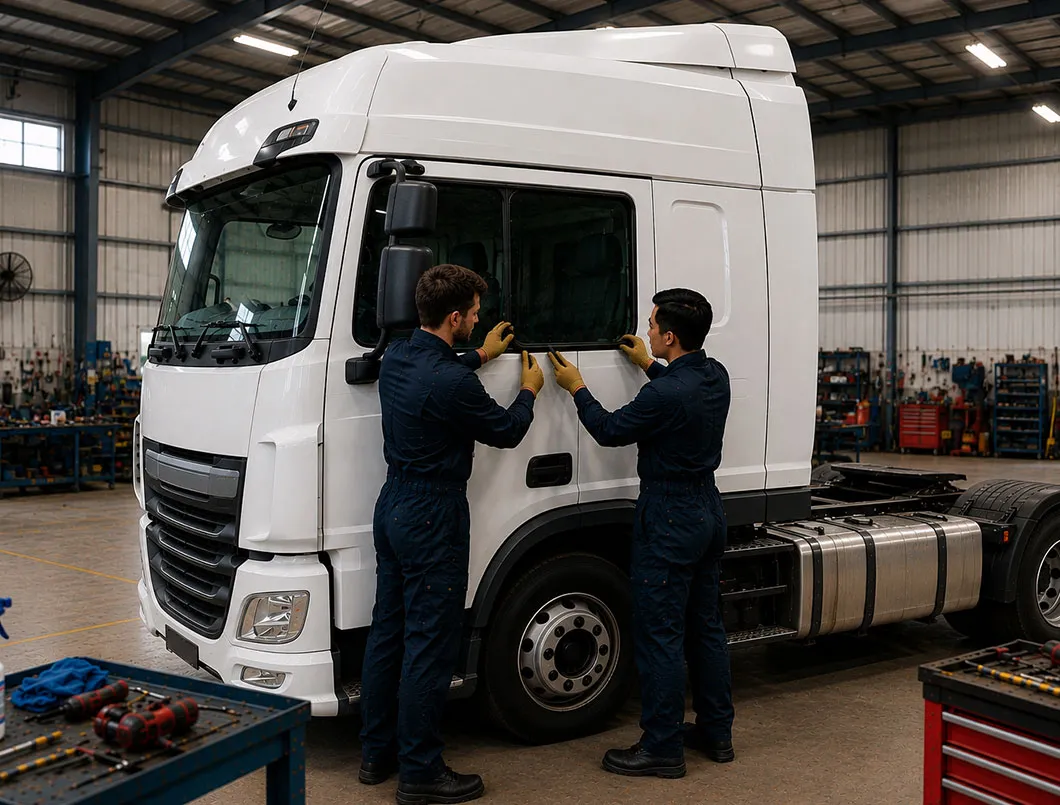 Two auto glass technicians in blue coveralls working together to install a side window on a large white semi-truck in a commercial repair garage.