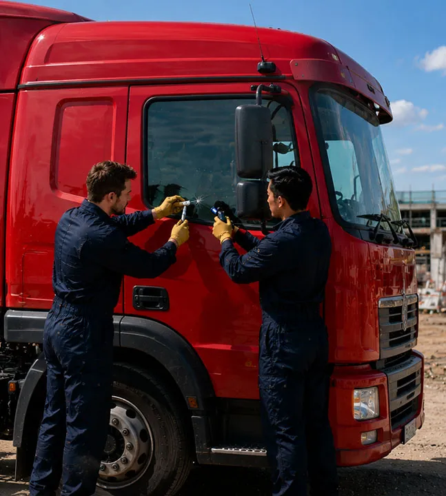 Mechanics in blue coveralls repairing the side door glass of a heavy-duty red cab-over truck on a job site.