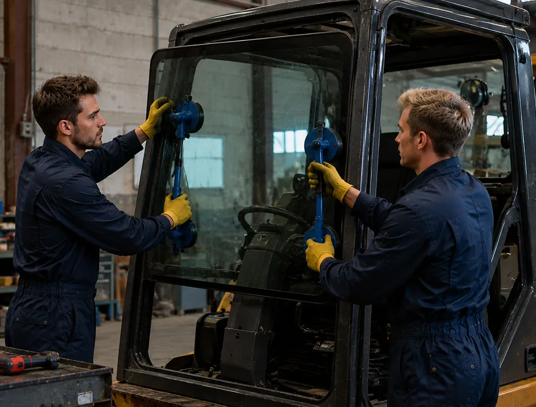 Mechanics in blue coveralls working together to carefully fit a new glass panel onto the cab of an industrial forklift.