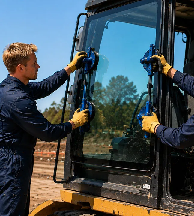 Mobile mechanics working outdoors to replace the large glass panel of a heavy excavator cab using blue suction cup lifting tools.