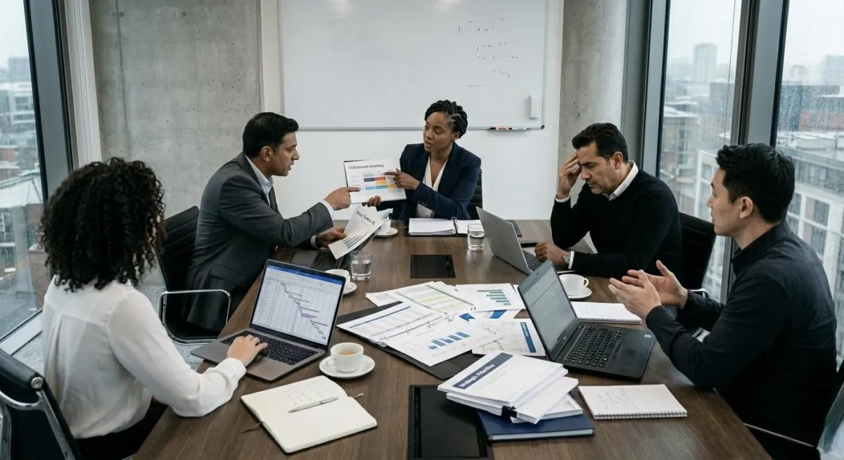 Executive boardroom scene illustrating leadership misalignment and operational inefficiency