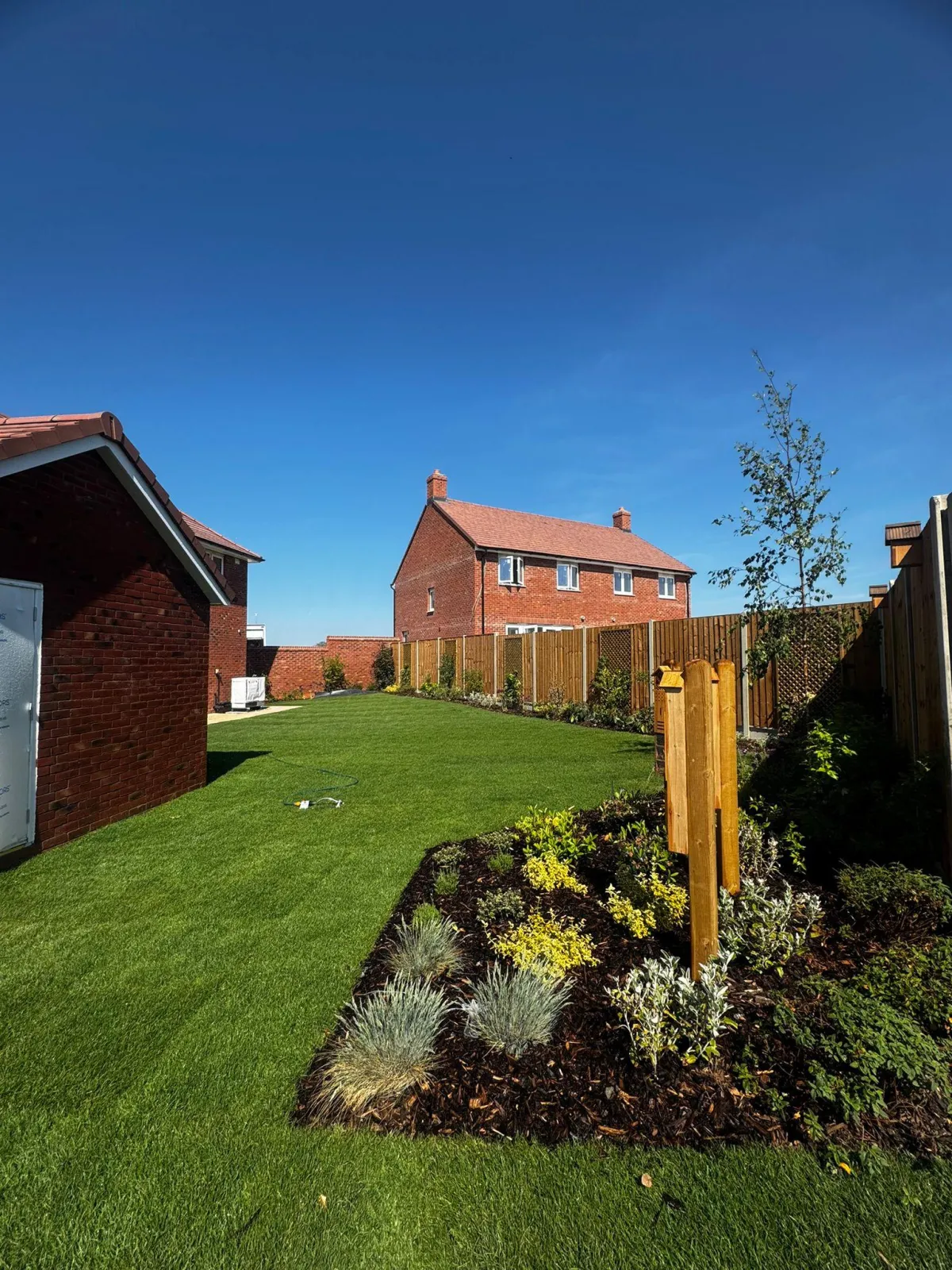Professional lawn mowing service in a well-maintained residential yard