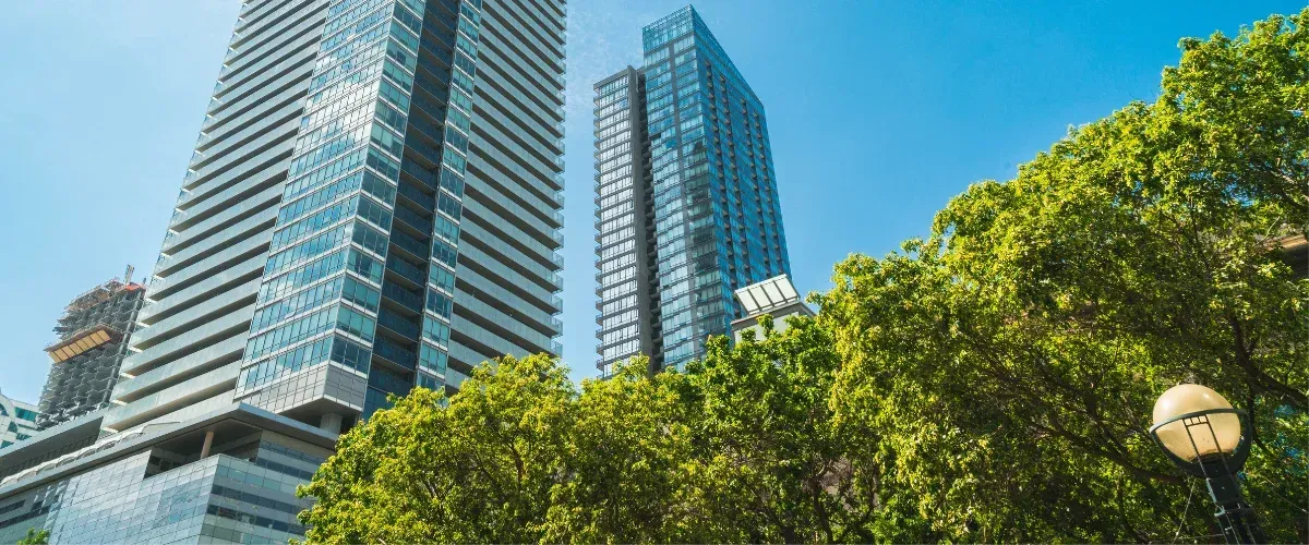 Modern high-rise buildings against a bright blue sky with lush green trees in the foreground