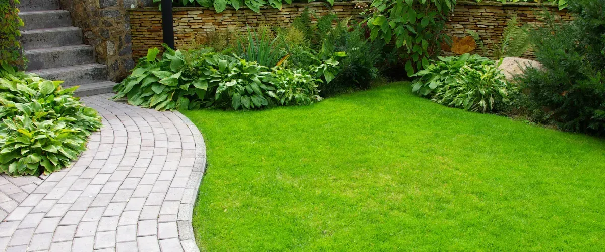 Curved stone garden path next to a lush green lawn and decorative plants in College Station. 